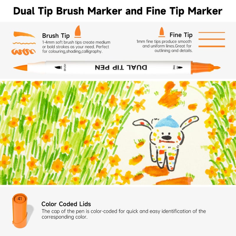 Shuttle Art Dual Tip Brush Marker Pens, 105 Colors Fine and Brush Tip Markers Set in Portable Case with 1 Coloring Book for Kids, Water-based Ink Adult Artist Coloring Calligraphy Journal Doodling - Image 3